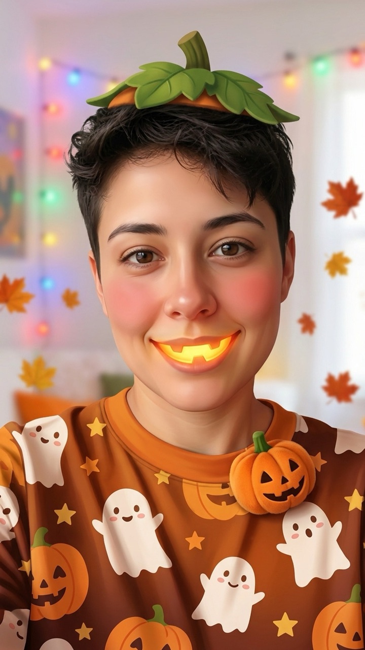 The same selfie transformed with the Cute Pumpkin effect