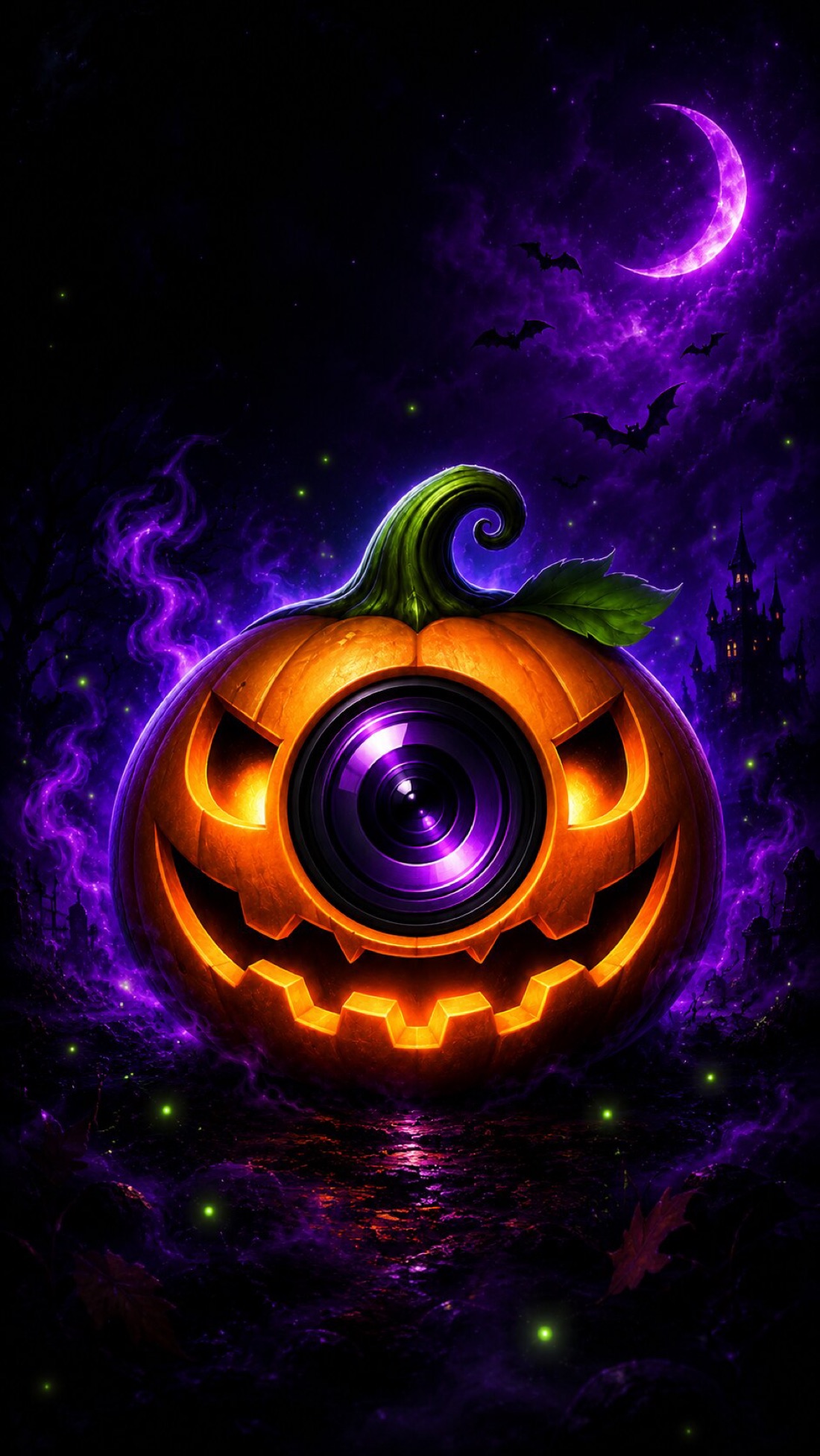 A glowing jack-o-lantern camera under a purple moon